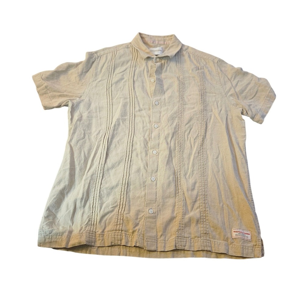 Scotch & Soda Mens Short Sleeve Pintuck Button Down Shirt Beige Tan Size M